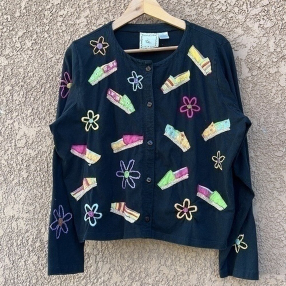 Michael Simmon 3D Floral Pop Art Women Size XL Button Front Cardigan VTG Preppy